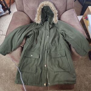Time and Tru Olive Green Puffer Coat with Faux Fur Hood Size 3X